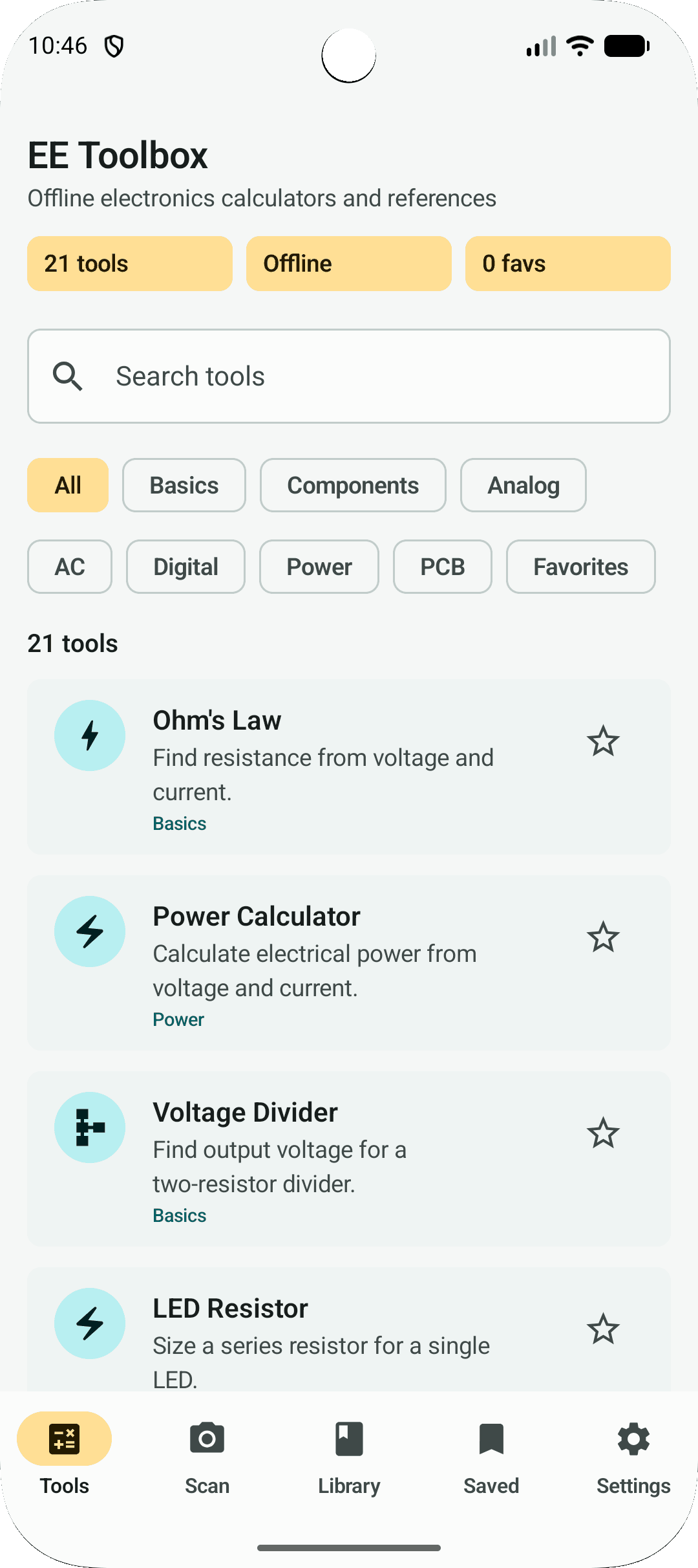 EE Toolbox Android app showing the searchable tools screen