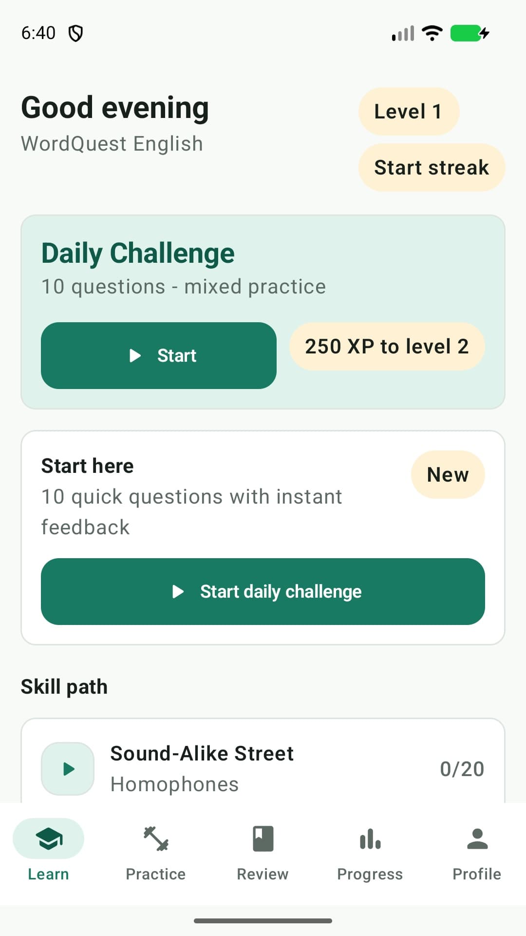 WordQuest English Learn screen showing daily practice, learner level, and skill paths